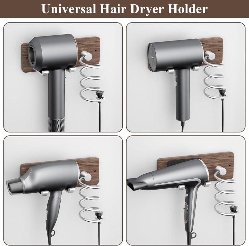 Tindbea Hair Dryer Holder Curling Iron Holder, Blow Dryer Holder Wall Mount, Bathroom Hair Tool Organizer Rack for Universal Dryer, Walnut Wood Silver Color Metal - Image 5